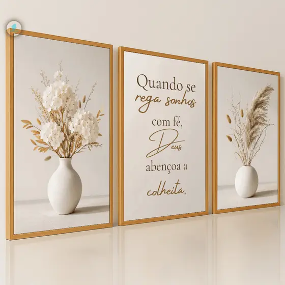 Quadros Decorativos Trio Vasos Flores Brancas Fé Bíblico Moderno 3D Sala Quarto