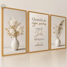 Quadros Decorativos Trio Vasos Flores Brancas Fé Bíblico Moderno 3D Sala Quarto