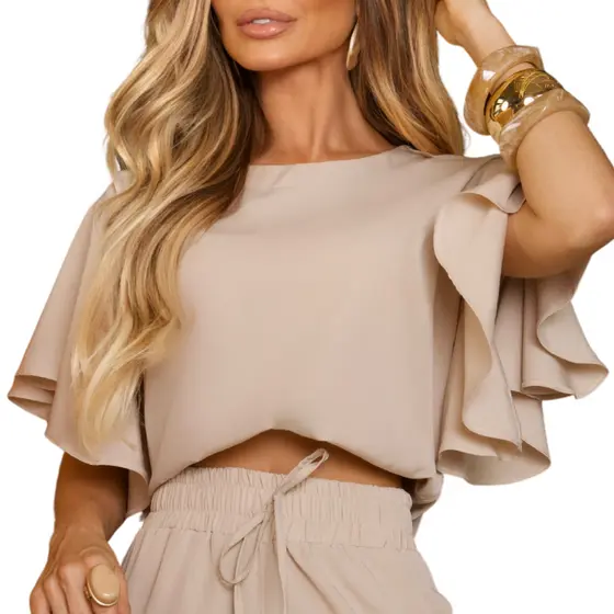 Blusa Feminina Cropped em Sedinha Manga Flare Soltinha Estilo Elegante Várias Cores