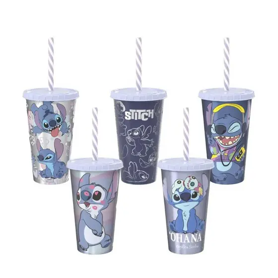 Copo Refri Com Canudo Reutilizável 500ml Stitch Disney Plasutil