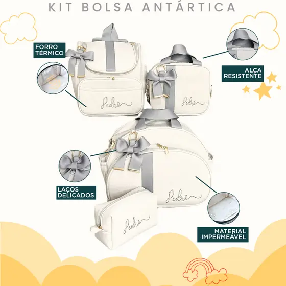 Kit Maternidade 4 Peças Duas Bolsas, Mochila e Estojo Personalizado Térmica, Coleção Antártica