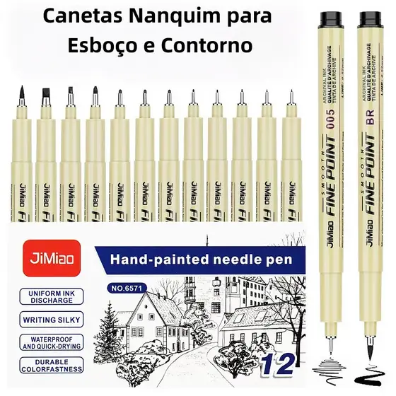 KIT 12 Canetas De Tinta Micron Com Forro De Pigmento  Para Esboços De Mangá , Desenho De Linha