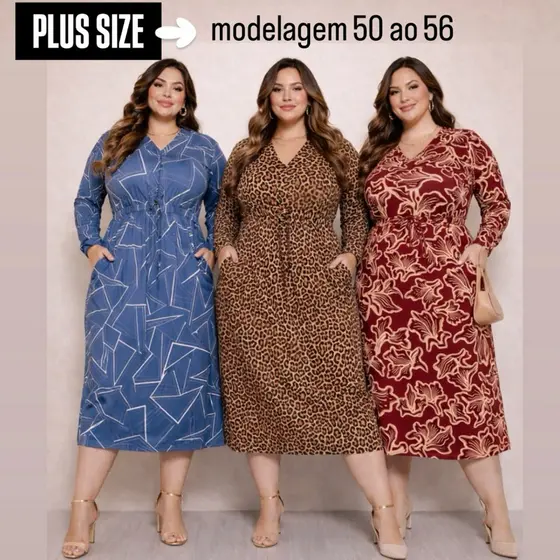Vestido PLUS SIZE (50 ao 56) manga longa feminino estampado preto inverno frio evangélica midi curve