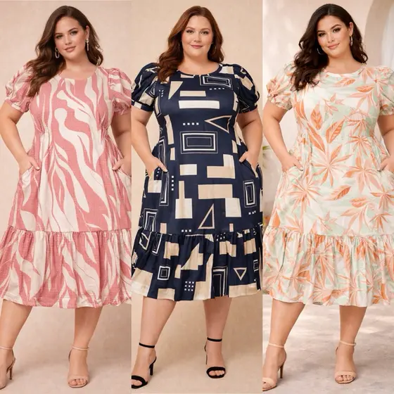 PLUS SIZE Vestido estampado veste 46 ao 54 geométrico reto babado midi manga curta tamanho grande
