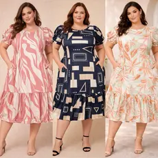 PLUS SIZE Vestido estampado veste 46 ao 54 geométrico reto babado midi manga curta tamanho grande