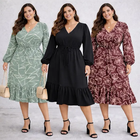 PLUS SIZE Vestido manga longa tamanho GG EXG veste 46 ao 54 malha fria poliamida comprida inverno