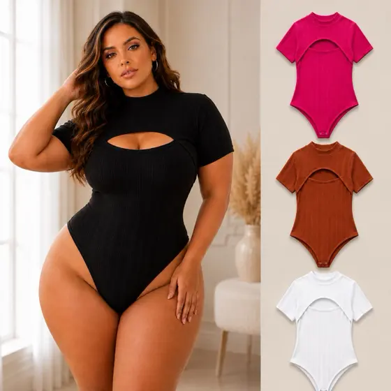 Body feminino plus size verão manga curta gola alta decote bubble canelado elegante confortável