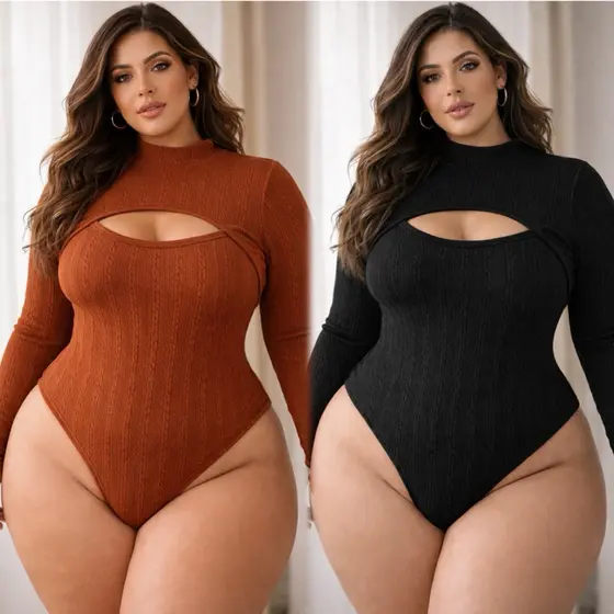 Body feminino plus size inverno manga longa gola alta decote bubble canelado elegante confortável