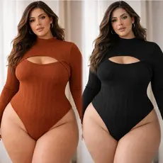 Body feminino plus size inverno manga longa gola alta decote bubble canelado elegante confortável