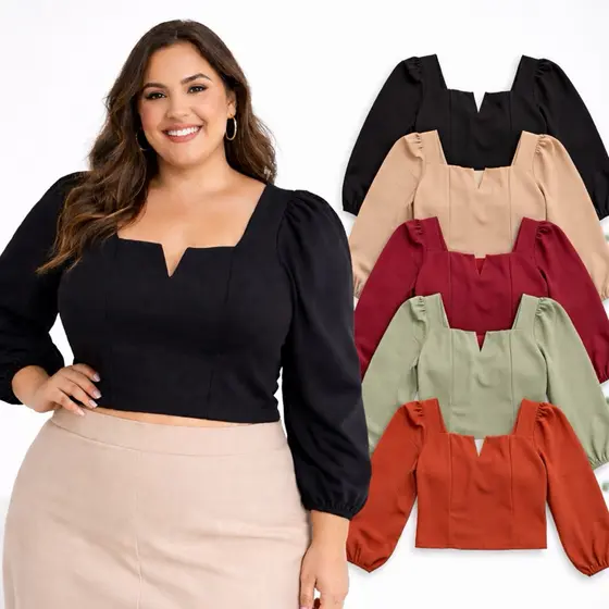 Blusa plus size semi cropped moda feminina manga longa duna bojo elegante estilosa chique lisa preta