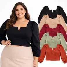 Blusa plus size semi cropped moda feminina manga longa duna bojo elegante estilosa chique lisa preta