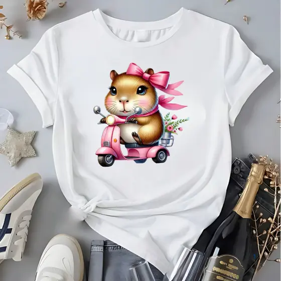 Camiseta Capivara Moto Rosa Tendência Feminina Blusa 100% Algodão Envio Rápido Delicada