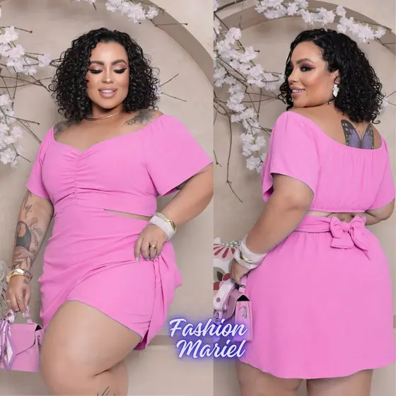 Macaquinho Feminino Plus Size Elegante com Franzido na Frente e Amarração