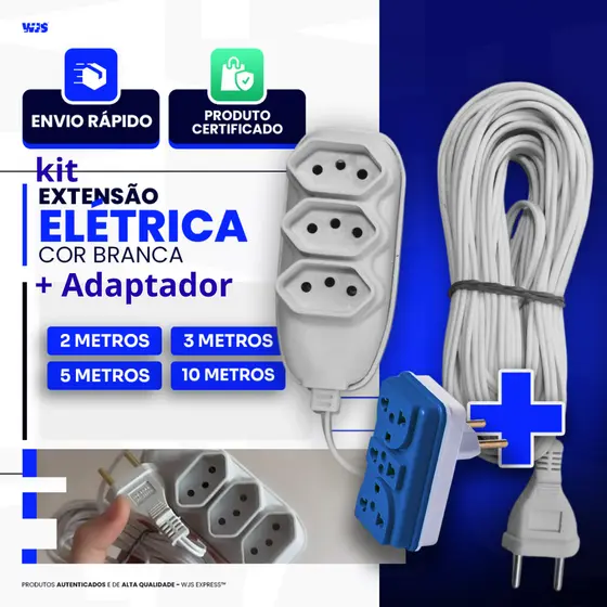 Extensão Elétrica Branca 2/3/5 ou 10 Metros + adaptador Tomada t Plug Bivolt 110/220v 10A Tripolares