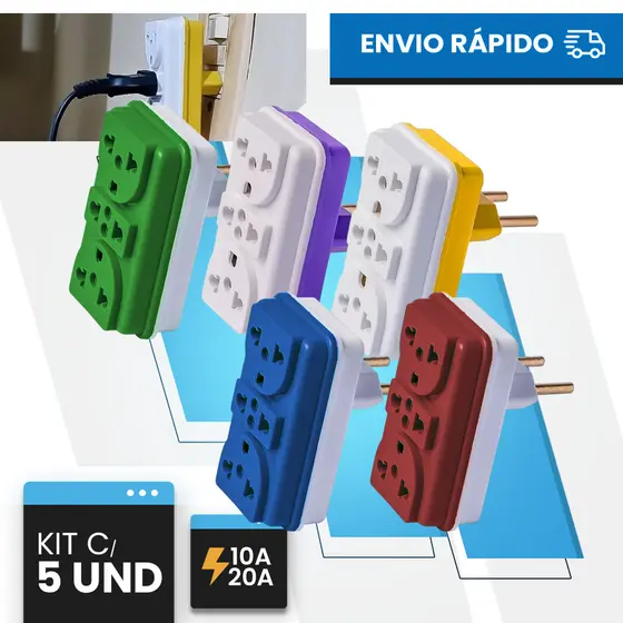 Adaptador de Tomada Benjamin Colorido bivolt Universal 3 Entradas 10A t 110/220v para Casa