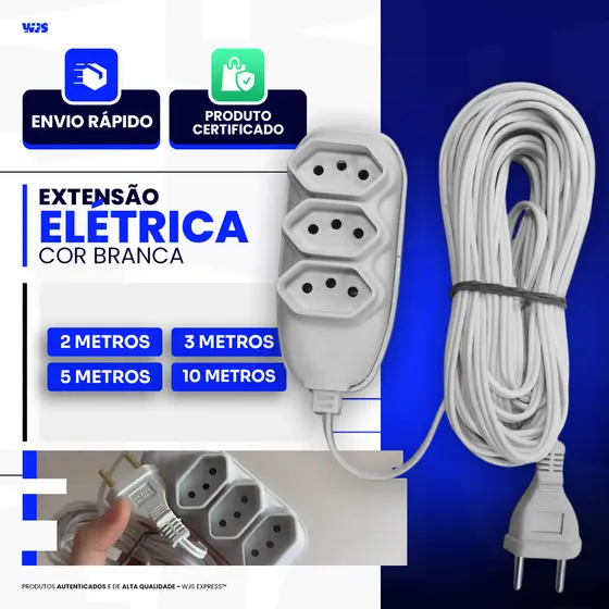 Extensão Elétrica Branca 2/3/5/10 Metros Bivolt Tomadas Tripolares Bivolt 110/220 RESISTENTE BRANCA