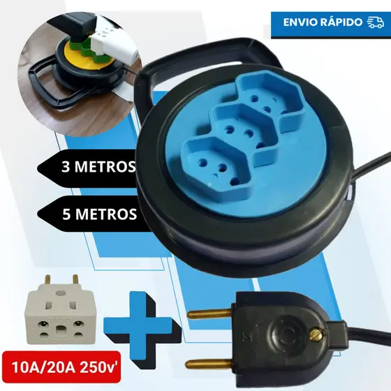 Extensão Elétrica Bivolt 3/5 Metros Retrátil Compacta 110-220V, 3 Entradas Cores Variadas Resistente