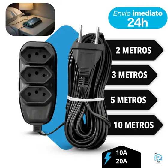 Extensão Elétrica Tripla Bilvolt 2/3/5/10 Metros Resistente 110/220v 10A preta Tomadas Compacta