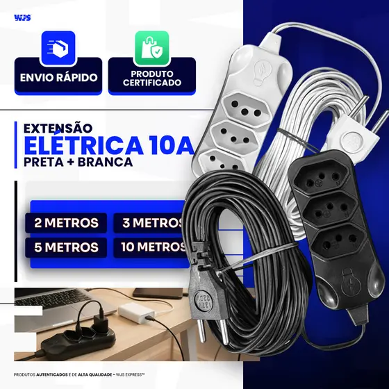 Extensão Elétrica 2, 3, 5, 10 Metros Branca e preta Extensão Tripolares Energia 3 Tomadas bivolt