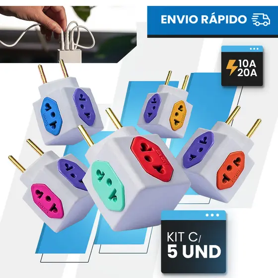 Adaptador de Tomada CUBO Benjamin 10A/20A Pino Maciço Resistente 4 Tomadas Coloridas 110v e 220v