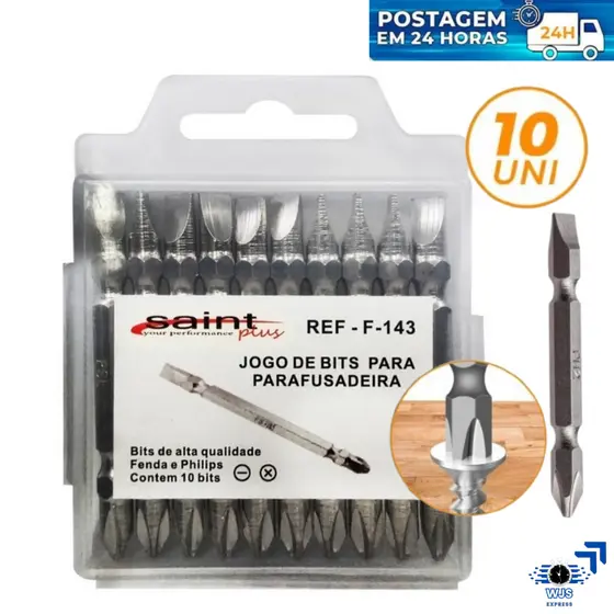 KIT BITS COM 10 PONTEIRAS PH2 DUPLA MAGNÉTICA PARAFUSADEIRA PHILIPS E FENDA Ponta Ímã Aço Resistente