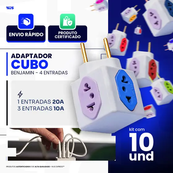 Adaptador Tomada Benjamin CUBO Entradas 10A/20A Pino Maciço Resistente 4 Tomadas Universal 110/220v