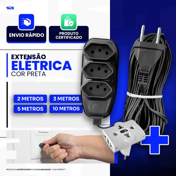 Extensão Elétrica Preta 2/3/5/10 Metros+Adaptador Bivolt 110/220 10A Tomada Tripolares Resistente