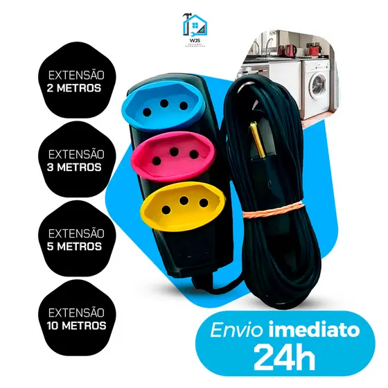 Extensão eletrica Multicolorida Tripolar 10A - 2/3/5/10 Metros - Bivolt para Uso Doméstico 110/220V