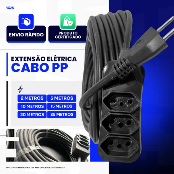 Extensão Cabo PP Elétrica Reforçada 2/5/10/15/20/25 Metros 10A Cabo 2,5mm Grosso e resistente