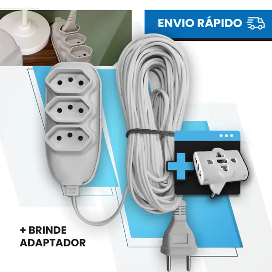 Extensão Elétrica Branca 2/3/5/10 Metros Bivolt 110/220V +adaptador 10A Tomada Tripolares Resistente