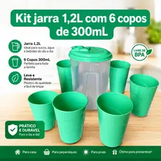 Kit Jarra+6 Copos Jarra 1,200mL Com Tampa+6 Copos 300mL Para Água Suco Refresco Plástico BPA FREE