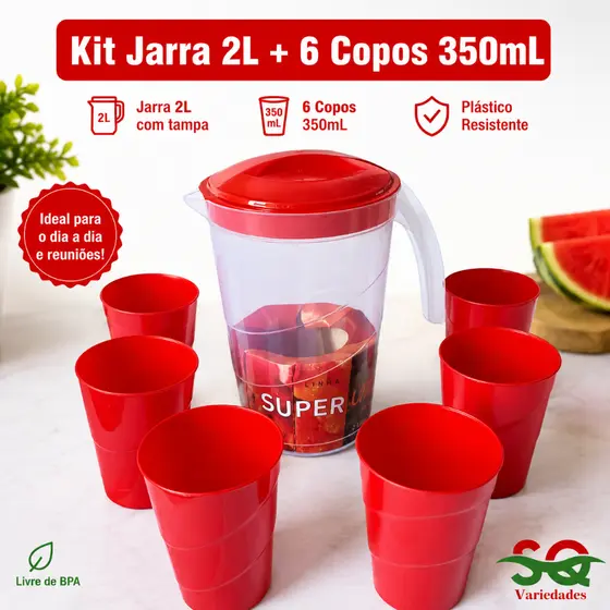Kit Jarra + 6 Copos Jarra 2 Litros Com 6 Copos 310ML Plástico Para Água Suco Refresco Chá Gelado