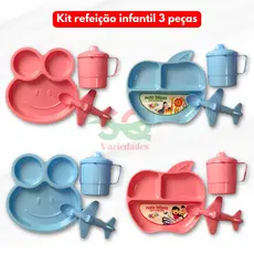 Jogo 3 Peças Prato + Colher Avião + Caneca Alimentação Refeição Merenda Escolar Creche Infantil