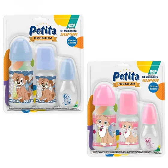Kit Mamadeira Super Cristal Bico Silicone Reto Redondo Premium - Estampas Variadas - Petita