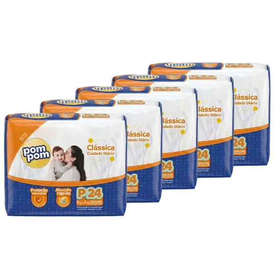 Kit 5 Fralda Descartável Pom Pom Clássica Tamanho P Pacote Jumbo - Totalizando 120 Unidades