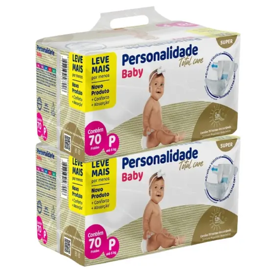 Kit 2 Fralda Descartável Infantil Personalidade Baby Total Care Bag - Tamanho P Total 140 Unidades