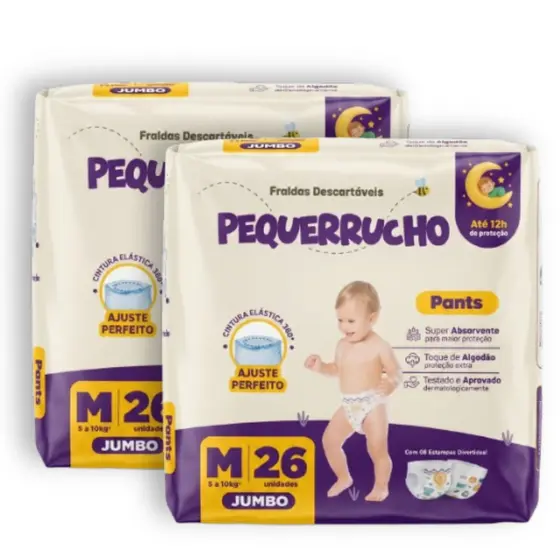 Kit 2 Fralda Descartável Pequerrucho Pants Toque Macio Hipoalergênico - Tamanho M - Total 52 Unidades