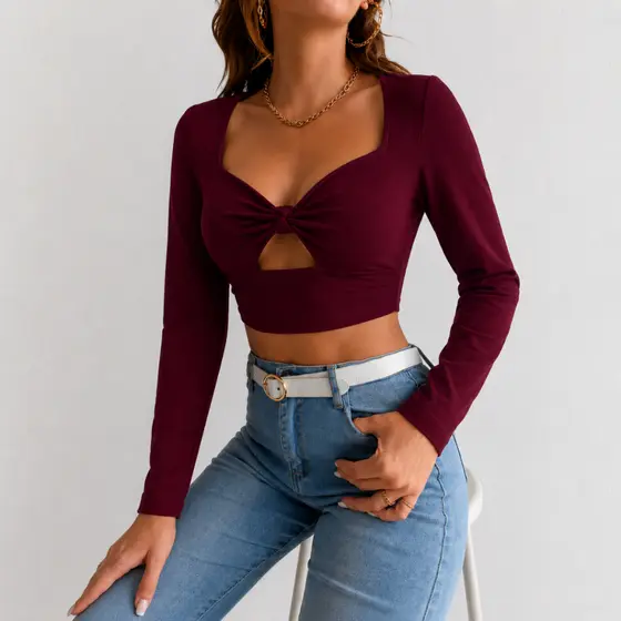 Cropped Top Feminino Com Decote Nó  Manga Longa Tendência Moda Blogueira