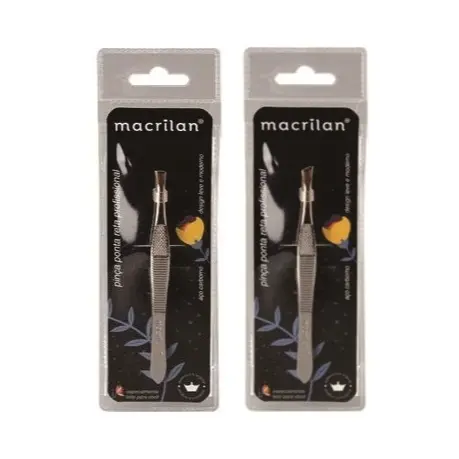 Pinça plana e angular de aço carbono dourado profissional Macrilan - para cílios e sobrancelhas