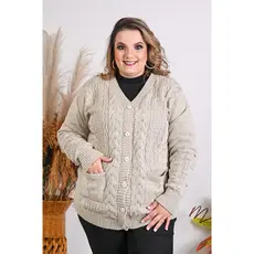 Casaco Plus Size com Bolso Tricot Lã Feminino Sueter Manga com Bolinhas Alto Relevo inverno2421