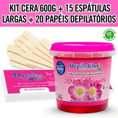 Kit Cera Depilatoria Hidrossoluvel Vegana 600g Espátula Larga 15 Unidades Papel Depilatorio 20 Unidades