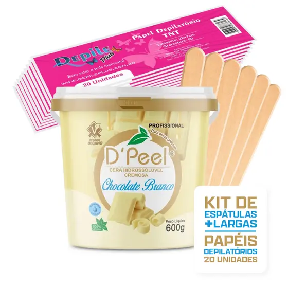 Kit Cera Depilatoria Hidrossoluvel Dpeel 600gr + Papel Depilatorio 20 Unidades + Espátula Larga 15 Unidades