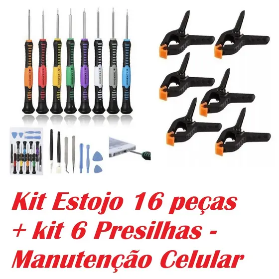 Kit Ferramentas Reparo Celular 16 em 1 +  6 Grampos Ajustáveis Fixadores de Tela Celular