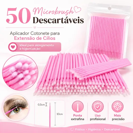 50 Microbrush Aplicador Cotonete Descartável Extensão de Cílios