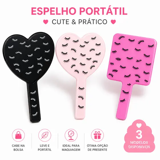 Espelho de Mão Coração Portátil Preto para Maquiagem - Espelho para Make Profissional Estético