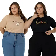 Kit 2 Blusa Feminina Plus Size G1 ao G3  Gola Redonda Camiseta Moda Maior Estampas Variadas Direto de Fábrica