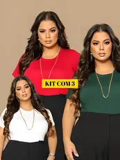 Kit 3 T-shirt Básica Feminina Plus Size Viscolycra Blusa Manga Curta Dia a Dia Direto de Fabrica