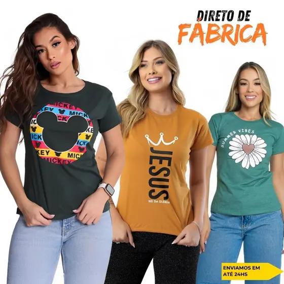 Kit 3 Camisetas Blusas Estampada Feminina Algodão Cereja Frases Cristãs Personagens Cores Variadas Manga Curta