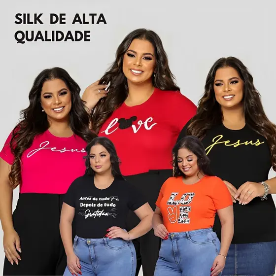 Kit 5 T-shirt Plus Size Feminina Blusinha Moda Maior Estampa Variadas Viscolycra Altissima Qualidade