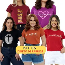Kit 5 T-shirt Femininas Algodão 100% Camiseta Gola Redonda Manga Curta Estampas Variadas